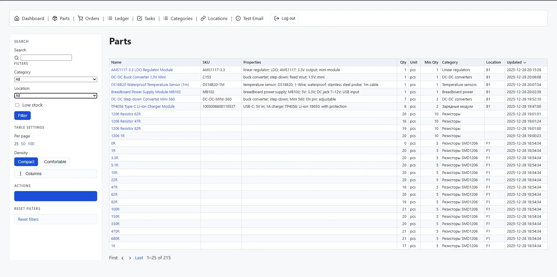 Inventory list with sidebar filters